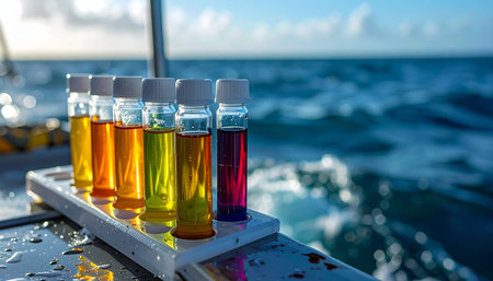 On the open ocean, a set of colorful water samples awaits analysis.の素材