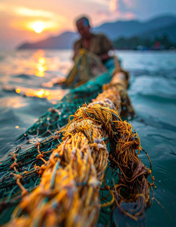 As the sun dips below the horizon, casting a warm golden light across the water, a lone fisherman hauls in his heavy, weathered net.の素材
