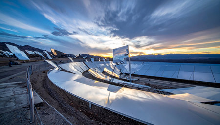 Rows of heliostat mirrors curve through the desert landscape, capturing the last golden rays of a dramatic sunset.の素材