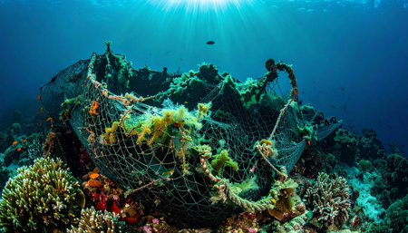 Sunlight streams through the clear blue water, illuminating a once-pristine coral reef.の素材