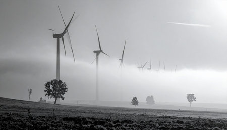 A row of wind turbines stands like silent giants, their forms partially obscured as they emerge from a thick, atmospheric morning fog.の素材
