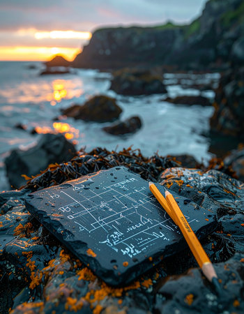 An intricate circuit diagram is sketched onto a slate tablet, resting on wet coastal rocks as the sun sets over the ocean.の素材