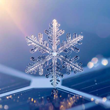 A stunning macro photograph captures the breathtaking geometric perfection of a single snowflake.の素材