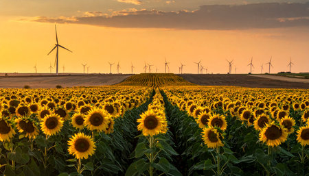 As the sun sets, casting a warm golden glow across the landscape, a vibrant field of sunflowers stands in perfect harmony with a distant wind farm.の素材