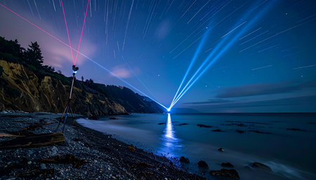 Under a canopy of swirling star trails, powerful beams of blue light cut through the night, creating a mysterious reflection on the calm ocean.の素材