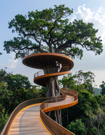 An elegant spiral walkway winds its way up a majestic tree, leading to a modern observation deck.の素材