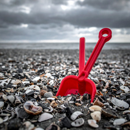 A bright red plastic shovel and rake stand forgotten among the pebbles and shells of a desolate beach.の素材