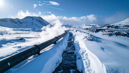 A massive geothermal pipeline cuts through a vast, snow-covered valley, carrying vital hot water and steam.の素材