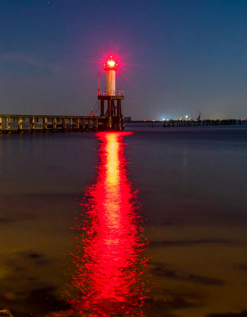 As twilight deepens into night, a solitary lighthouse casts its vibrant red glow across the tranquil water.の素材