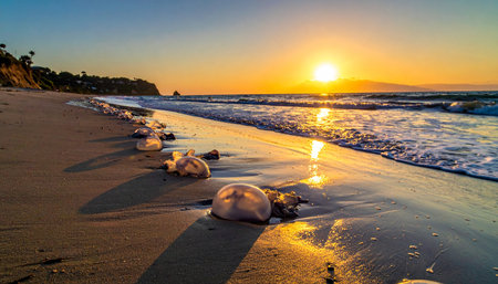 As the sun dips below the horizon, its golden light casts a warm glow across the wet sand, illuminating a line of jellyfish washed ashore by the tide.の素材