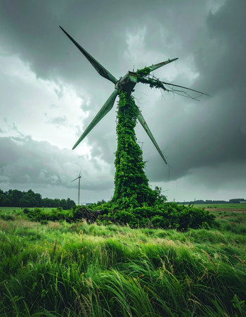 In a forgotten landscape under a brooding, stormy sky, nature asserts its dominance.の素材