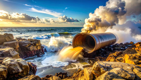 As the sun sets over a dramatic coastline, a large industrial pipe spews toxic waste directly into the ocean.の素材