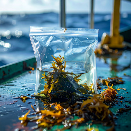 A freshly collected seaweed specimen sits in a clear sample bag on the wet deck of a research vessel.の素材