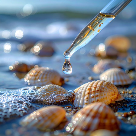A single, pure drop of marine-derived essence is carefully released from a glass dropper, poised above a collection of delicate seashells on a wet, tranquil shore.の素材