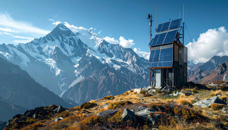 Perched high on a rugged alpine ridge, a modern, self-sufficient shelter stands as a testament to sustainable exploration.の素材