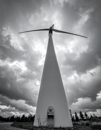 A low-angle, black and white perspective captures the immense scale and power of a wind turbine.の素材