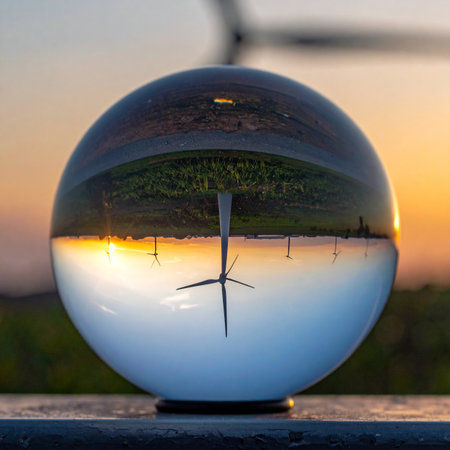 A crystal ball captures and inverts a wind turbine against a beautiful sunset, symbolizing a clear and focused vision for a sustainable future.の素材