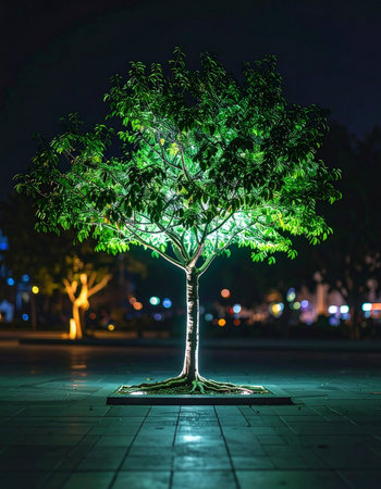 In the quiet of a modern city at night, a solitary tree becomes a beacon of life, its leaves and branches glowing with a vibrant, surreal green light.の素材