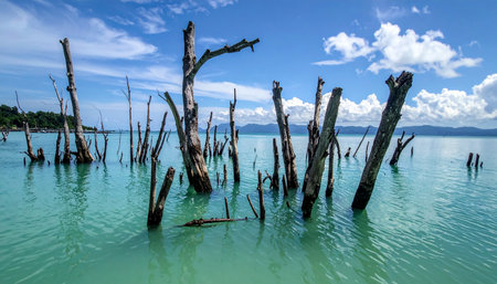 In a forgotten corner of the world, a sunken forest stands as a silent testament to time and nature's power.の素材
