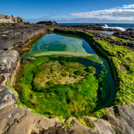 A hidden gem on a rugged coastline, this natural rock pool reveals a mysterious green spiral of algae beneath its clear, tranquil surface.の素材