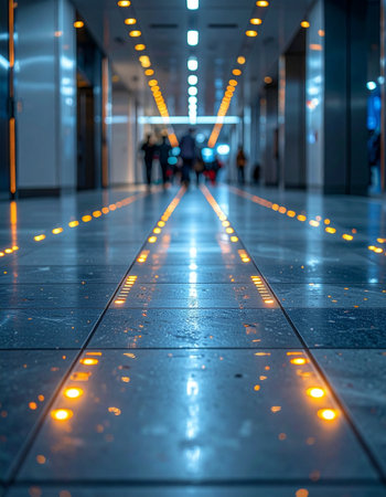 A low-angle view captures the dynamic energy of a futuristic corridor, where glowing lights embedded in the polished floor create leading lines towards the blurred silhouettes of people in motion.の素材