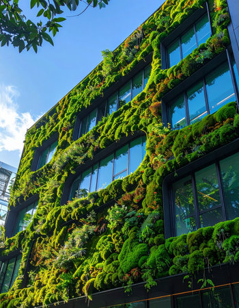 A stunning example of biophilic design, where a modern building's facade becomes a living canvas of lush green moss.の素材