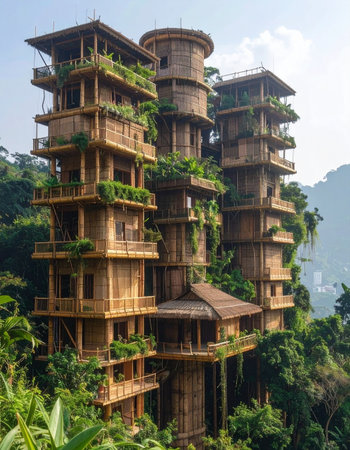 A stunning example of futuristic biophilic design, this multi-level wooden tower rises from a dense jungle hillside.の素材