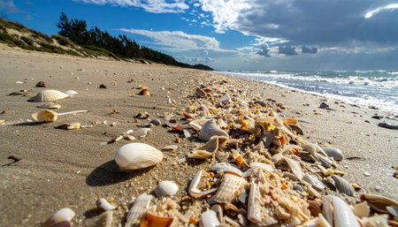 A low-angle view captures the rich texture of a tidal line where the ocean has deposited a treasure of seashells and smooth pebbles.の素材