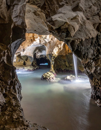 Deep within the earth, a serene underground lake is revealed by a dramatic sunbeam cutting through a natural opening in the rock ceiling.の素材