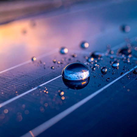 As the first light of dawn breaks, morning dew gathers in perfect spheres on the surface of a photovoltaic panel.の素材