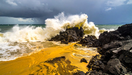 A powerful, turbulent wave explodes against a rugged volcanic coastline under a dark, stormy sky.の素材