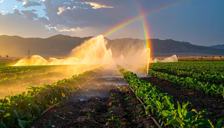 As the sun sets behind distant mountains, agricultural sprinklers cast a fine mist over rows of lush green crops.の素材