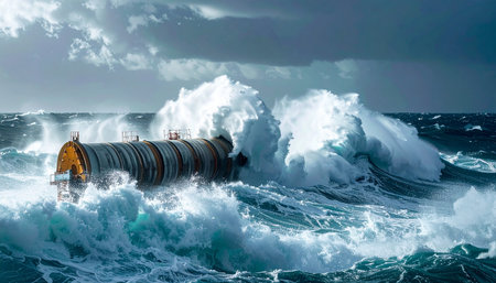 A testament to human engineering, a wave energy converter endures the immense power of a turbulent ocean storm.の素材