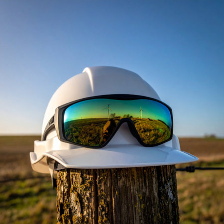 At the end of a long day on a rural worksite, a hard hat and safety glasses rest on a weathered fence post.の素材