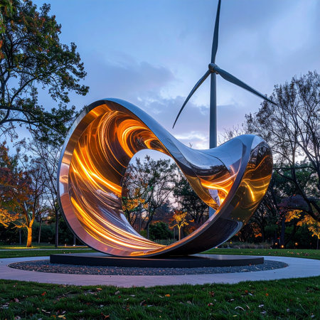 At twilight, a stunning metallic sculpture glows with a warm, golden light, its fluid form a testament to modern design.の素材