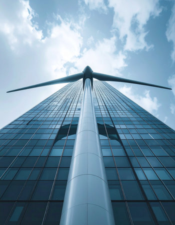 From a dramatic low-angle perspective, a sleek wind turbine stands as a monument to progress against a modern glass skyscraper.の素材