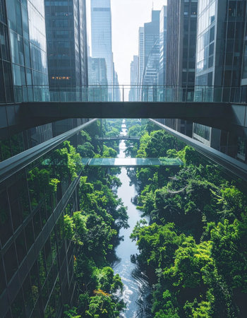 A breathtaking view from a glass skywalk reveals a vision of the future, where a lush green canyon thrives between towering modern skyscrapers.の素材
