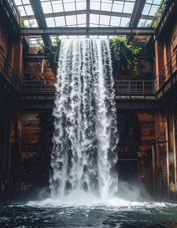 A powerful waterfall cascades through the center of a renovated industrial atrium, merging raw natural energy with modern architectural design.の素材