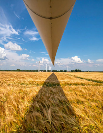 A dramatic low-angle view captures the immense scale of a wind turbine blade pointing down a path in a golden wheat field.の素材