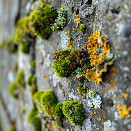 A macro view captures the intricate world thriving on an old tree's surface.の素材