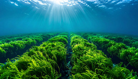 Sunlight streams through the clear blue water, illuminating neat rows of a vibrant green seaweed farm.の素材