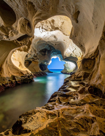 A breathtaking view from within the labyrinthine sea caves of Rosh Hanikra, Israel.の素材