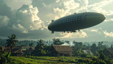 A majestic vintage airship embarks on an epic journey, gliding silently over a remote tropical village as the morning sun breaks through the clouds.の素材