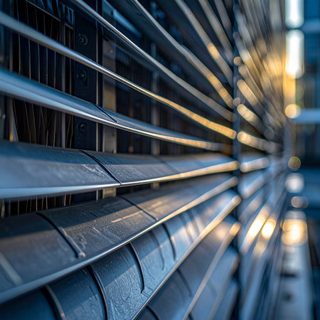 Golden sunlight streams across the precisely engineered metal fins of a powerful industrial machine, highlighting the sleek lines and intricate patterns.の素材