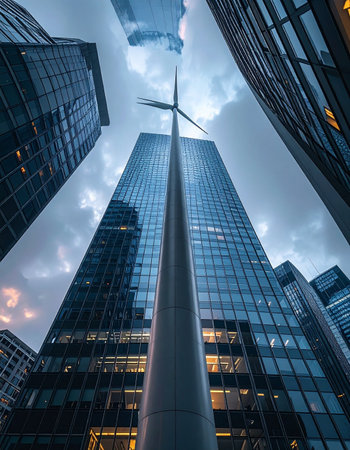 From a dramatic low-angle perspective, a sleek wind turbine stands as a beacon of progress amidst towering glass skyscrapers.の素材