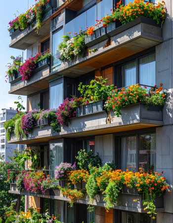 A modern apartment building comes to life with a cascade of colorful flowers and lush greenery on every balcony.の素材