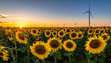 As the sun dips below the horizon, its golden rays illuminate a vast field of sunflowers.の素材
