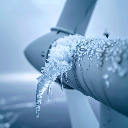 In the biting cold of a harsh winter storm, a wind turbine stands frozen, its blades encrusted with a thick layer of ice and frost.の素材