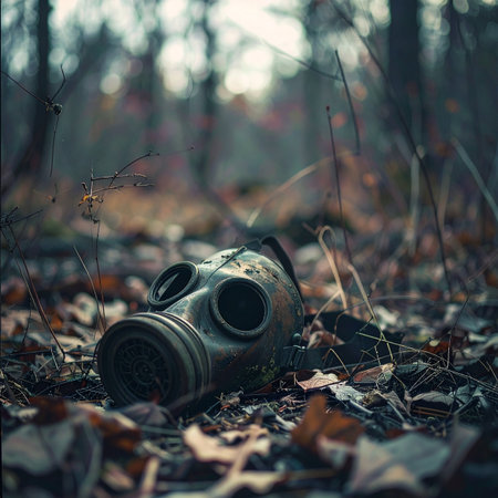 A lone gas mask lies forgotten on the forest floor, a silent relic of a past catastrophe.の素材