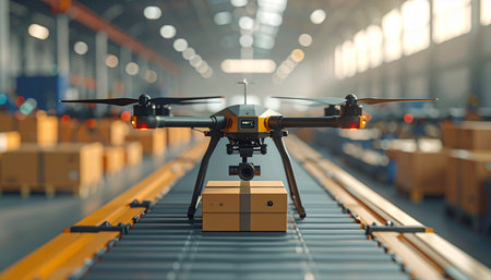 A state-of-the-art delivery drone with a secured package rests on a conveyor belt inside a vast, automated warehouse.の素材